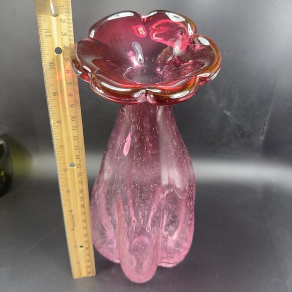 Large Art Glass Vase Vessel Pink Flower Shape Vas With Air Bubbles All Over Vase - Picture 3 of 16
